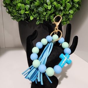 NWT Blue & Green Faith 'Jesus' Keyring Tassel Beaded Bracelet